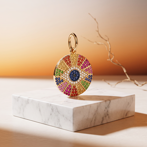 <b>Rainbow</b> Evil Eye Pendant Necklace Rhodium Plated Brass Alloy Pave Setting <b>Lab</b> Created Cubic Zirconia Minimalist Unisex Jewelry - Product Image 5