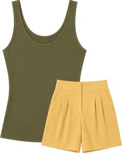 Manufacturer Olive Green Tank <b>Top</b> With Mustard Yellow Shorts Women Two Piece Summer Lounge Wear Casual Soft Stretch Set Outfit - Product Image 1