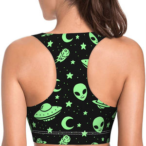 Sujetador deportivo para mujer con estampado alienígena, espalda cruzada, cuello redondo, soporte medio, transpirable, ropa deportiva con patrón de dibujos animados, 100% nailon - Product Image 5