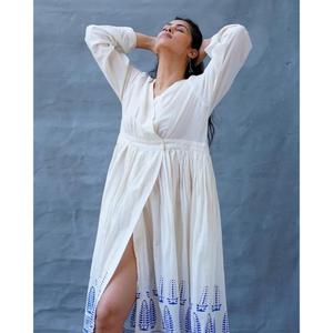 Womens White Cotton Maxi <b>Dress</b> With Blue Block Print Long Sleeve Boho Wrap Style Summer <b>Dress</b> - Product Image 3