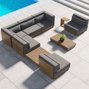 Ensemble de salon modulaire en teck massif structuré avec des coussins généreux pour les espaces de villégiature modernes au bord de la piscine - Product Image 1
