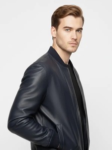 เสื้อแจ็คเก็ตบอมเบอร์หนังสีน้ำเงินกรมท่าสำหรับผู้ชาย - Product Image 2