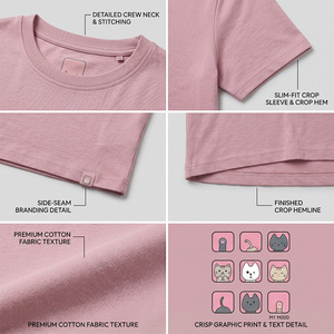 T-shirt court mignon pour femme 100 % coton jersey imprimé chat de dessin animé par transfert thermique écologique coupe ajustée compressée - Product Image 5