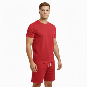 Ensemble T-shirt et short en coton bleu pour homme, col rond, décontracté, respirant, tricoté, couleur unie, deux pièces, impression sérigraphique ODM - Product Image 4