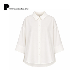 Women Drop Shoulder Shirt <b>White</b> OEM Malaysia Manufacturer High-<b>Low</b> <b>Cut</b> Modest Blouse Side Slit Button Opening <b>Top</b> Wear - Product Image 1