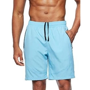 <b>Men's</b> Light Blue Solid Board Shorts Quick Dry Drawstring Waist Casual Swim <b>Trunks</b> with Pockets Mid Rise Bermuda Length Short - Product Image 1