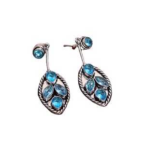 Vintage Oxidized <b>Silver</b> Brass Bezel Setting Dangler Drop <b>Earrings</b> Women | Indian Boho Ethnic Jewelry Blue Crystal Anniversary - Product Image 5