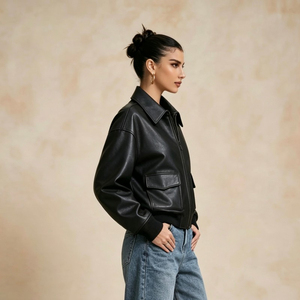 Leather Bomber Women's Genuine Jacket Turn-Down Collar <b>Zipper</b> Closure Patch Pockets Full Sleeve Autumn Style - Product Image 2