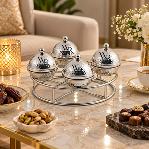 Decorative Silver Snack Bowls with Knobbed Lids and Circular Rack | Premium Tableware for Dates <b>Chocolates</b> Nuts Candy and <b>Treats</b> - Product Image 2