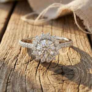 Bague Tournesol en Moissanite Taille Ronde, Style Floral Vintage avec Halo, Bijou Unique pour Mariage ou Promesse, en Argent 925, Cadeau de Mariage Raffiné - Product Image 6