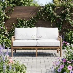 BALE LIVING Lisbon Outdoor Sofa <b>Set</b> <b>2</b> Seat PE Rattan Wood Frame White Cushions Contemporary Design Waterproof - Product Image 1