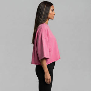 Cheap Price Women's Pink Crop Top Oversized Crew Neck Half Sleeve <b>Flame</b> Logo Print Cotton Jersey Loose Fit Spring Summer - Product Image 2