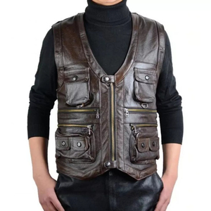 High quality Cowhide <b>Leather</b> <b>Sleeveless</b> Vest <b>jacket</b> for men's OEM Factory Customize motorbike <b>leather</b> Vest - Product Image 1