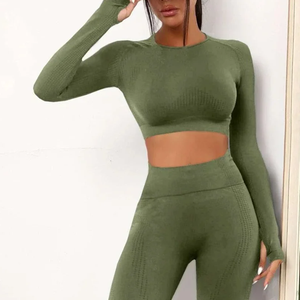 Seamless Yoga Two Piece <b>Set</b> High Waist Ribbed Leggings Full Length Long Sleeve Crop Top Solid <b>Green</b> Activewear <b>Gym</b> Wear - Product Image 6