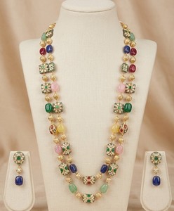 Luxury Multicolor Gemstone Long Necklace <b>Earrings</b> <b>Bracelet</b> <b>Set</b> Gold Plated Kundan Polki Beaded Statement Wedding Jewelry for - Product Image 3