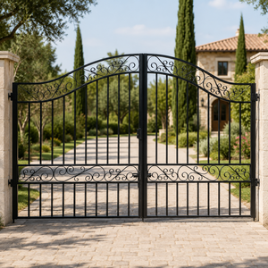 Portail d'entrée principal décoratif en fer forgé noir à double battant pour allée, portail extérieur en métal pour villa, fournisseur en gros - Product Image 1