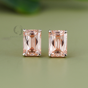 4.07CT Emerald Cut Solitaire Lab Diamond Studs 14K White Gold Two Tone Fancy Peach EF Color Screw <b>Back</b> Statement <b>Earrings</b> Luxury - Product Image 2