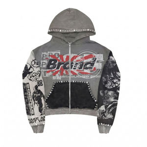 Sweat à capuche unisexe oversize en coton avec fermeture éclair, motif graphique personnalisé en strass, coupe carrée, effet délavé, style streetwear - Product Image 1