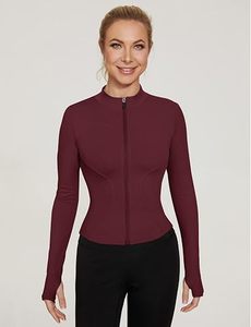 Top Deportivo de Manga Larga con Cierre y Cuello Alto para Mujer, Color Borgoña, Transpirable, Spandex, Poliéster, Color Sólido, Corte Ajustado, para Ocio - Product Image 1