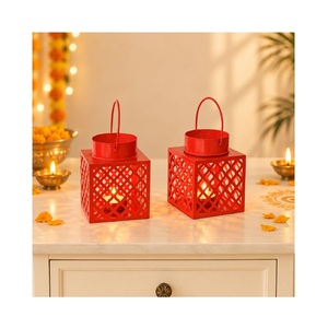 Red Metal Handmade Eco-Friendly <b>T</b>-Light Candle Holders Glossy <b>Square</b> Lanterns Etched Design Decorative Votive Candle Stands for - Product Image 1