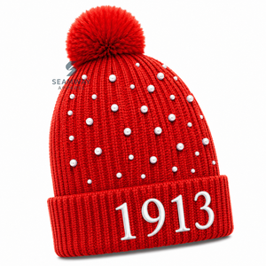 Delta |   Sigma |   Bonnet en tricot acrylique pour femme Theta, brodé de perles, orné d'un pompon, bord côtelé, bonnet d'hiver décontracté - Product Image 2
