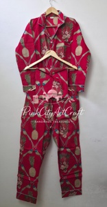 Luxury Maroon Cotton Pajama Set for Women Elegant Floral Pineapple Flock Print Summer Nightwear with Elastic Waist - Product Image 4