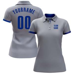 Polo de football gris personnalisé pour homme avec bordure bleue, nom et numéro d'équipe sublimés, évacuation de l'humidité, coupe classique, manches courtes - Product Image 2