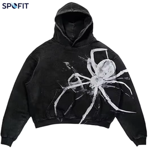 Sudadera con Capucha Oversize Unisex, Estampado de Araña Negra, Tejido Casual, 100% Algodón, Bordada, Estilo Urbano Otoñal, Manga Regular - Product Image 1