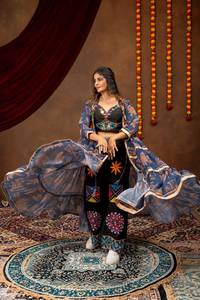 Ethnic Faux Georgette Floor-Length Crop Top Mirror Embroidery Floral Printed <b>Shrug</b> Set Women India Pakistan Style Party All - Product Image 2