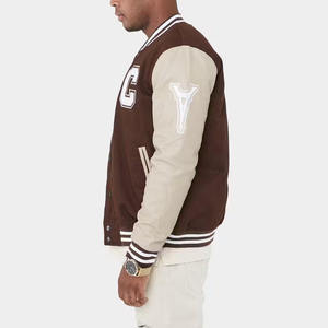 Custom Logo Men Vintage Varsity Jacket <b>Brown</b> <b>Fleece</b> Contrast Sleeve Letterman Baseball Bomber Jacket with Towel Letter Patch - Product Image 5