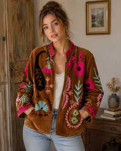 Premium Rich Brown <b>Velvet</b> <b>Women's</b> Suzani <b>Jacket</b> Hand Embroidered Bohemian <b>Women</b> Coat Uzbek Traditional Embroidery Winter Blazer - Product Image 6