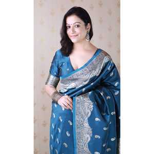 Sari en soie douce Banarasi bleu avec broderie Zari argentée, vêtements indiens et pakistanais, Elite Weaves 650g - Product Image 3