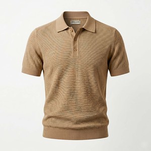 เสื้อเชิ้ตผู้ชายขายส่ง ผ้าฝ้าย 100% พิมพ์ลายถัก สำหรับเสื้อเชิ้ตแขนสั้น ผ้าเนื้อวินเทจสีแทน พร้อมลายปัก ชายเสื้อและปลายแขนแบบริบ - Product Image 1