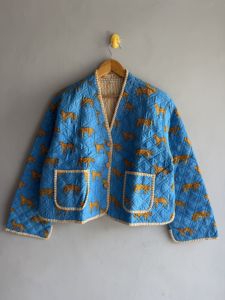 Blue Quilted Jacket With Cheetah Print Full Sleeve Button Closure Women's Autumn Outerwear Blue jacket gift <b>for</b> her - Product Image 1