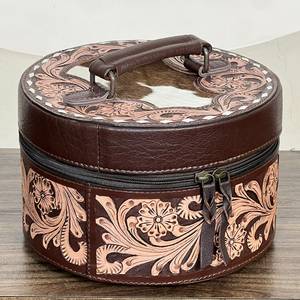 Superbe boîte à bijoux ronde en cuir de vachette façonnée à la main, style vintage, avec motifs floraux en relief, durable, pour le rangement des bijoux - Product Image 3