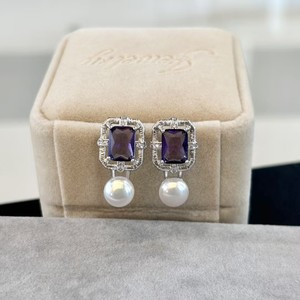 Boucles d'oreilles pendantes en argent pur de qualité supérieure, zircon violet rétro français, perle d'eau douce, nouvelle collection exquise de qualité supérieure - Product Image 1