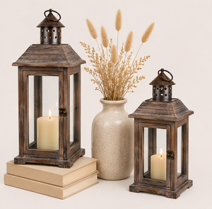 Rustic Wooden Candle <b>Lantern</b> <b>Set</b> of 2 with Metal Top Vintage Distressed Wood Floor <b>Lanterns</b> for Farmhouse Home Decor & Lighting - Product Image 2
