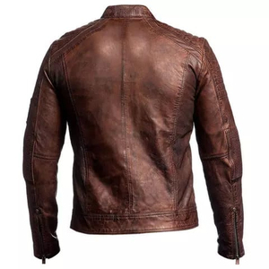Unisex Genuine Leather <b>Jacket</b> Stand Collar Zipper Closure Solid Color Regular Sleeve Moto Biker Style Autumn Wear Front - Product Image 2