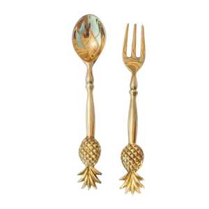 Cuillère et fourchette en métal doré avec manche en forme d'ananas pour tables de chef, hôtellerie, entreprises de restauration et événements. - Product Image 1