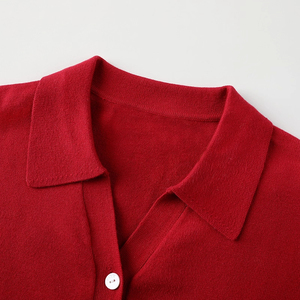 Elegant Women's Single-Bretted Sweater <b>Long</b> Red Knit <b>Cardigan</b> <b>with</b> Button up Collar Solid Pattern - Product Image 3