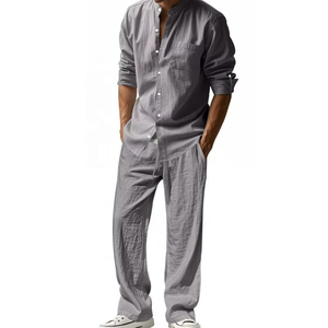 European and American Men's Autumn Breathable Loose Trendy <b>Linen</b> Solid Color Simple Lapel Long-Sleeve Shirt and Beach Pants <b>Set</b> - Product Image 5