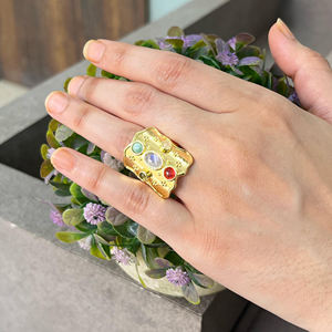 Nuevo anillo ajustable con múltiples piedras preciosas y diseño estampado, anillo llamativo con piedra lunar natural, chapado en oro de 18k, con cuentas de latón, anillos de moda para mujer - Product Image 4