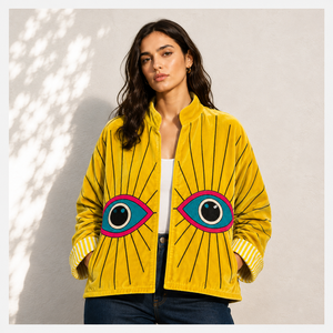 Yellow Handmade Sujani Jacket for Women | <b>Quilted</b> Cotton Boho Jacket | Reversible Indian Coat - Product Image 1