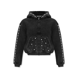 Sweat à capuche pour homme style streetwear, zippé, en coton délavé à l'acide, orné de perles et pierres précieuses, en vente - Product Image 2