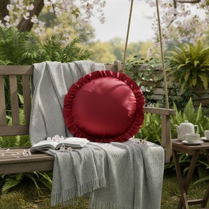 Premium <b>Round</b> Red Satin Pillow Cover with Designer Ruffled Border Frill Edges <b>Cushion</b> for Modern Home Interiors Customisable - Product Image 2