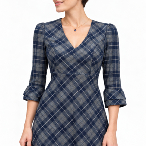 Vestido midi azul marino a cuadros con cuello en V y mangas tres cuartos para mujer - Product Image 5