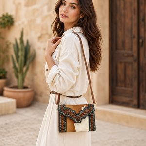 Hand Tooled Hair On Leather Mini Crossbody Bag Western Cowhide Sling <b>Purse</b> | Handmade Boho Style OEM Export India 2026 For Women - Product Image 2