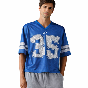 เสื้อเจอร์ซีย์อเมริกันฟุตบอลผ้าตาข่ายประดับคริสตัลหรูหรา สีน้ำเงิน คอวี แขนสั้น ระบายอากาศได้ดี เสื้อกีฬา สตรีทแวร์สั่งทำได้ - Product Image 6