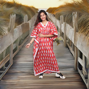 Floor-Length Natural Waist V-neck Floral Print Cotton <b>Kaftan</b> for <b>Women</b> Eco-Friendly Casual Arabian Beach Wear Red Wholesale - Product Image 4