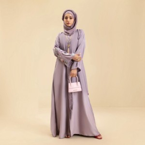 Women's Purple Floral Embroidered <b>Abaya</b> Long Sleeve Modest Floor Length Dress With Hijab Middle East Style Daily Wear - Product Image 5